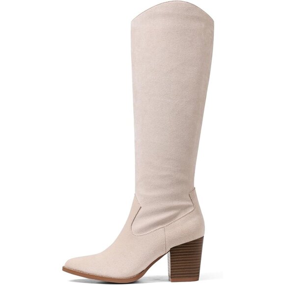 Womens Suede Beige Side Zipper Knee High Pointed Toe Chunky Heel Tall Boots - Picture 1 of 6